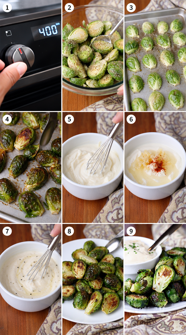 Roasted Brussels Sprouts Alongside a Tangy Garlic Sauce ingredients
