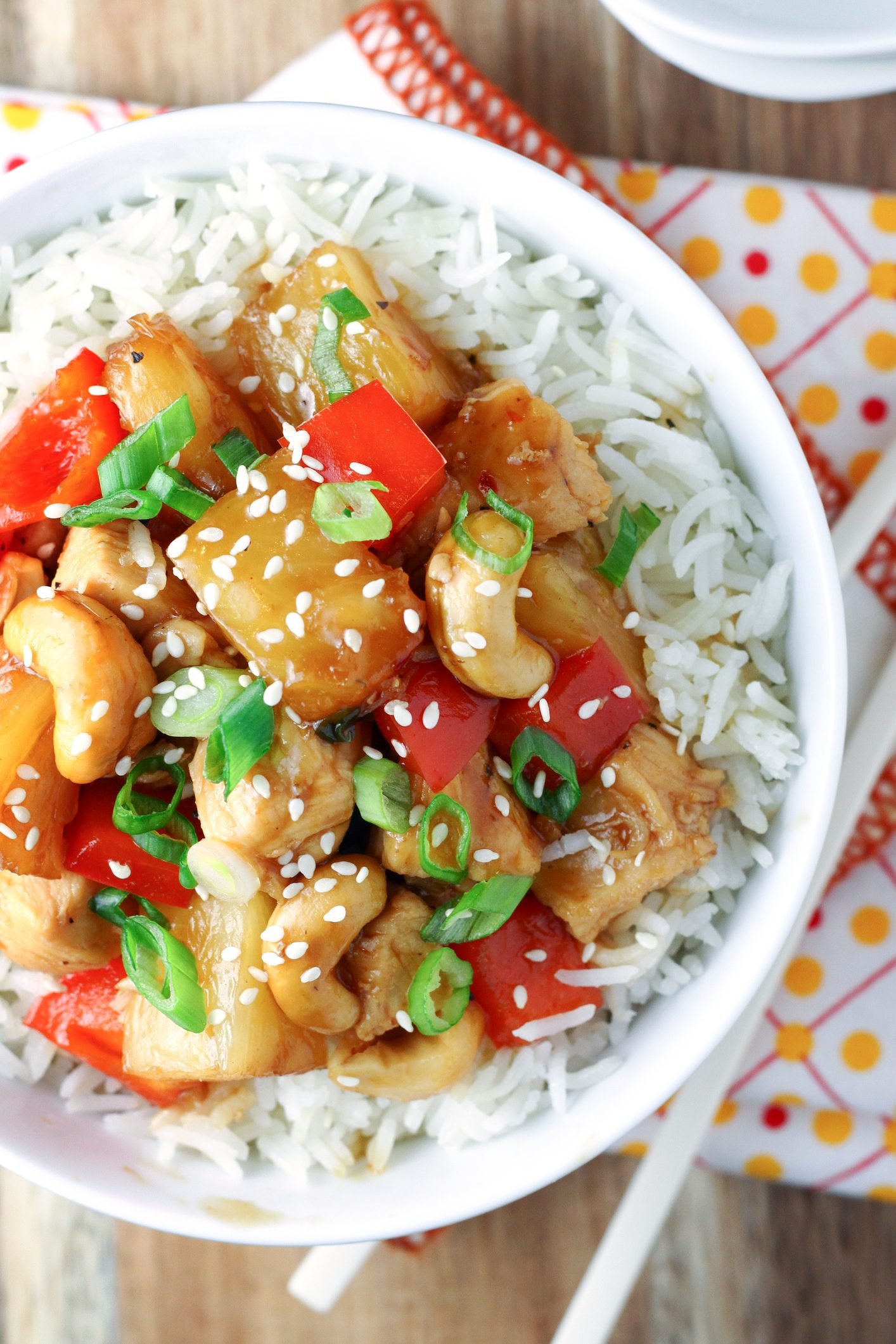Pineapple Cashew Chicken Sizzled Over Jasmine Rice