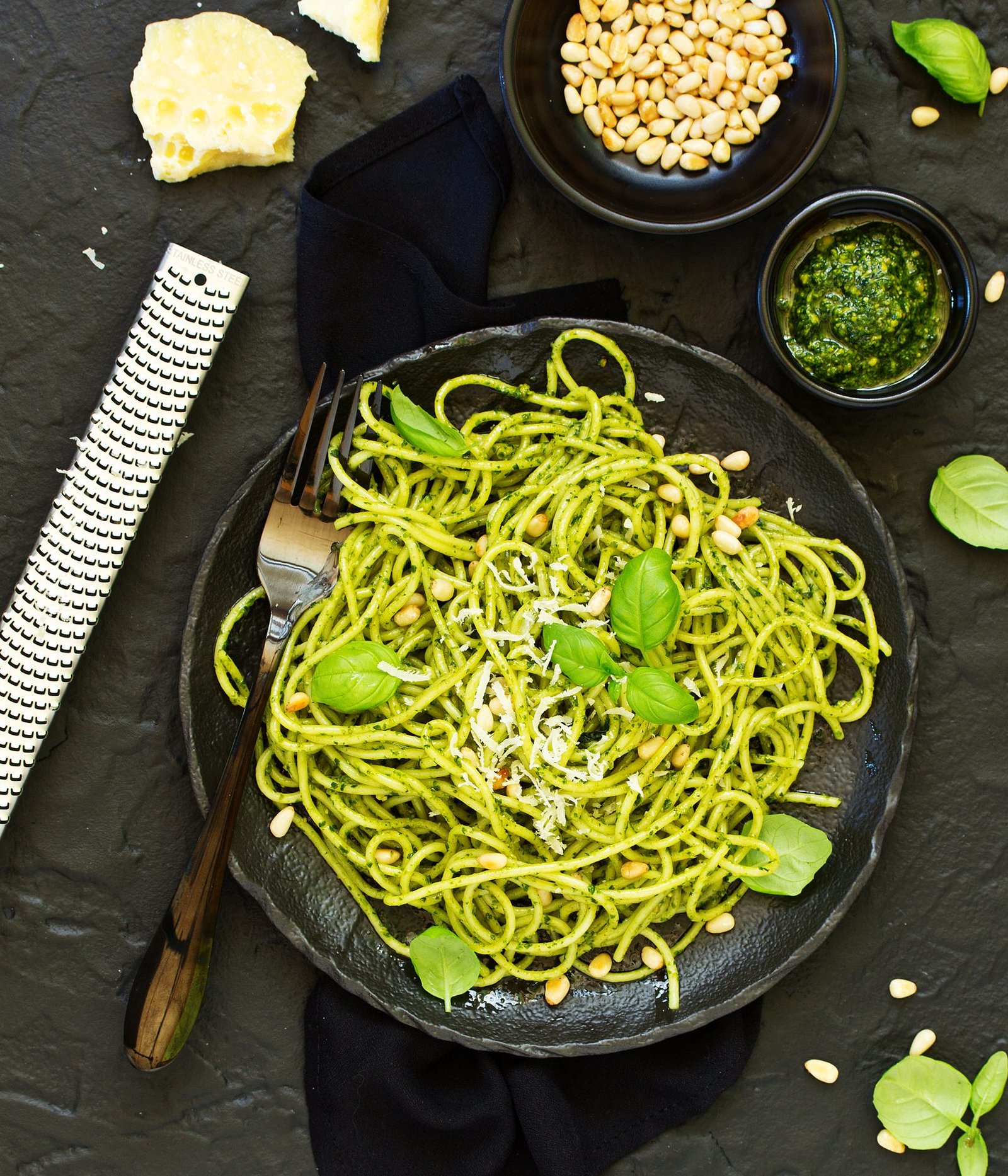Tangy Arugula Pine Nut Pesto Spaghetti Bowl