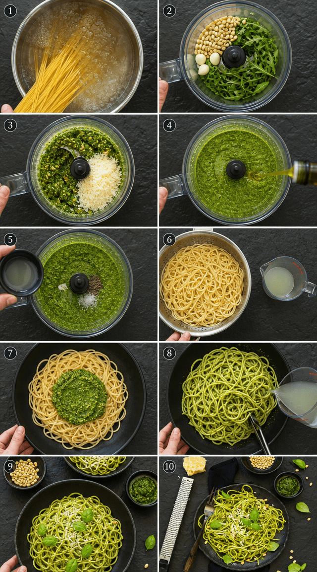 Tangy Arugula Pine Nut Pesto Spaghetti Bowl ingredients