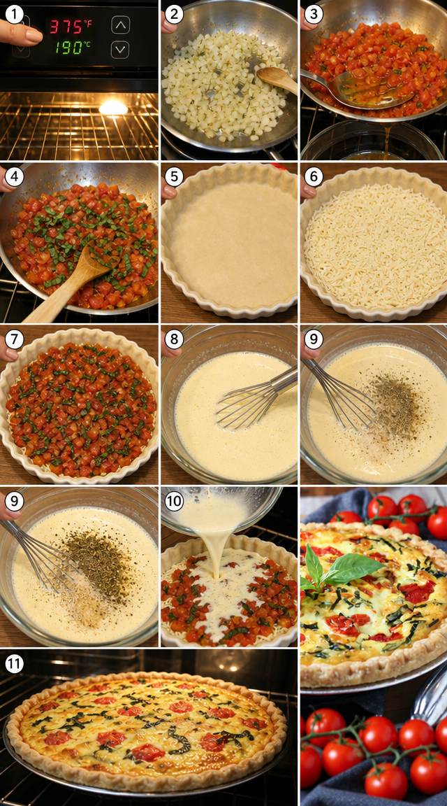 Savory Summer Quiche Featuring Tomatoes Basil and Butter ingredients